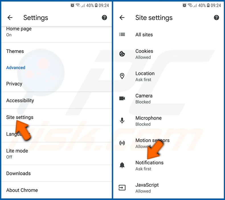 Désactiver les notifications du navigateur Chrome dans le système d'exploitation Android (étape 2)