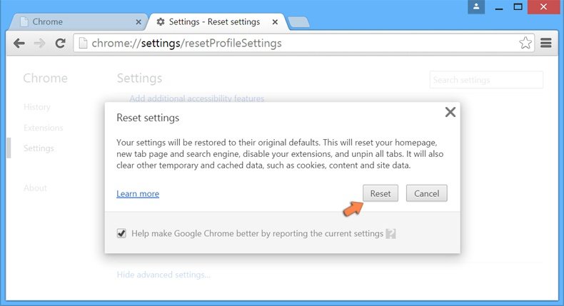 Restauration des paramètres de Google Chrome à défaut - confirmer que vous voulez restaurer les paramètres de Chrome en cliquant sur le bouton restaurer