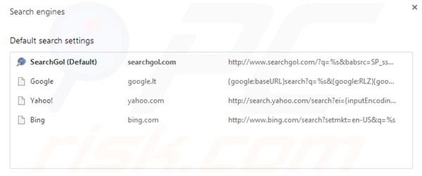 Moteur de recherche Searchgol par défaut dans Google Chrome
