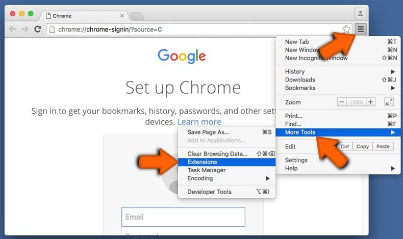Suppression des extensions malicieuses dans Google Chrome étape 1