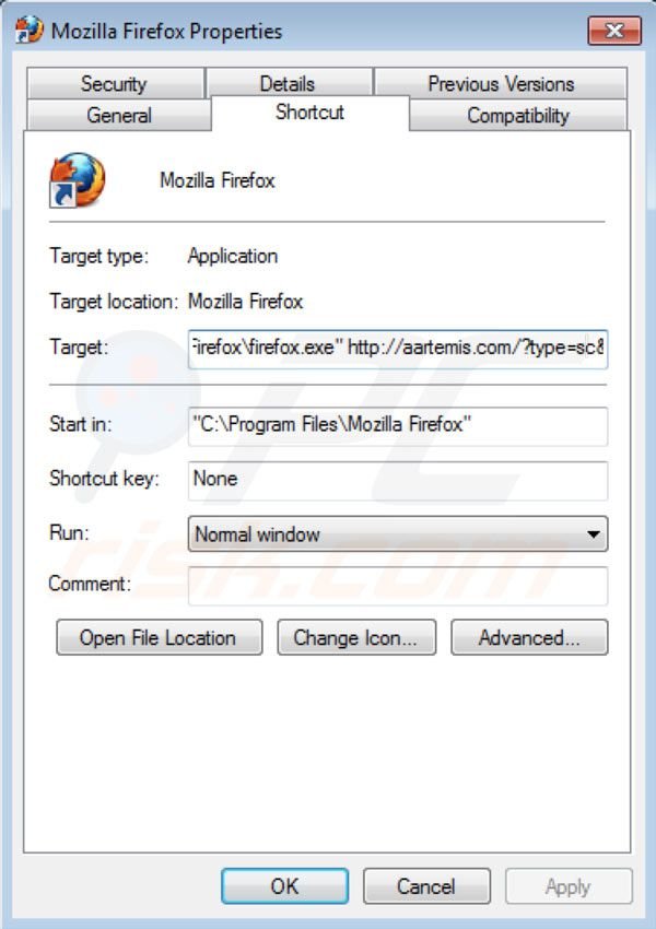 Suppression du raccourci cible d'Aartemis dans Mozilla Firefox 
