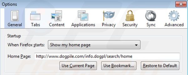 Suppression de la page d'accueil de Dogpile dans Firefox 
