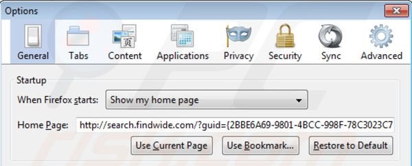Suppression de la page d'accueil de findwide.com dans Mozilla Firefox 