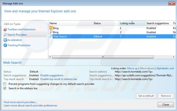 Suppression des paramètres du moteur de recherche par défaut de Hometab dans Internet Explorer 