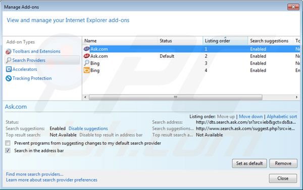 Suppression des paramètres  du moteur de recherche par défaut de la barre d'outils Music dans Internet Explorer