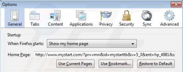 Suppression de la page d'accueil de  mystart.com dans Mozilla Firefox 
