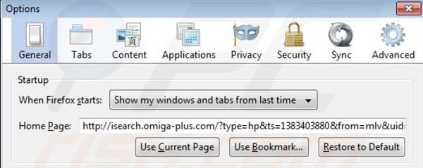 Supprimer la page d'accueil de Omiga plus dans Mozilla Firefox 