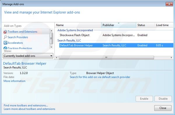 Suppression des extensions du virus default tab dans Internet Explorer 