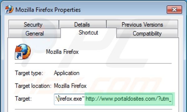 Suppression du raccourci cible de portaldosites.com dans Mozilla Firefox étape 2