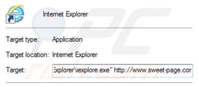 Suppression du raccourci cible de sweet-page.com dans Internet Explorer étape 2