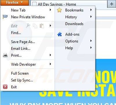 Suppression des publicités All Day Savings dans Mozilla Firefox étape 1