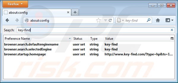 Suppression des paramètres du moteur de recherche par défaut de key-find.com dans Mozilla Firefox 