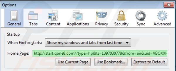 Suppression de la page d'accueil de start.qone8.com dans Mozilla Firefox 