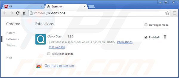 Suppression des extensions reliées à v9.com dans Google Chrome