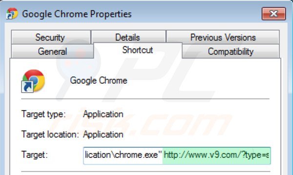 Suppression du raccourci cible de v9.com dans Google Chrome étape 2
