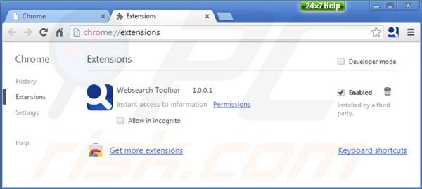 Suppression des extensions de la barre d'outils de websearch dans Google Chrome 