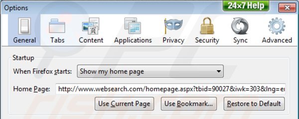 Suppression de la page d'accueil de websearch.com dans Mozilla Firefox 