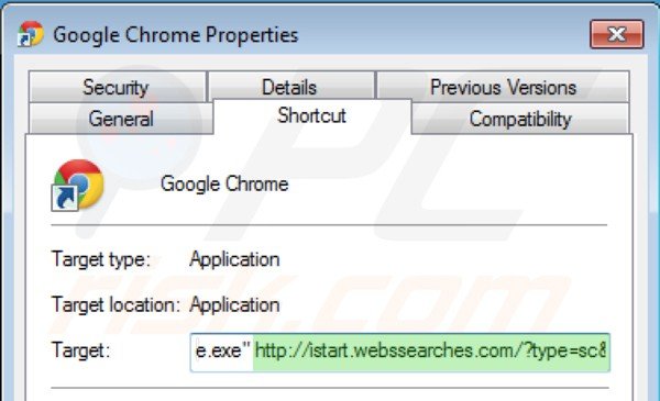 Suppression des raccourcis cibles d'istart.webssearches.com dans Google Chrome étape 2