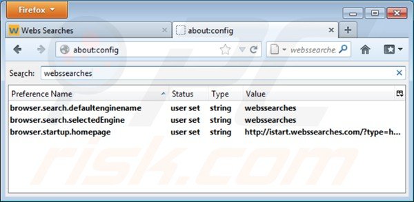 Suppression des paramètres du moteur de recherche par défaut d'istart.webssearches.com dans Mozilla Firefox 
