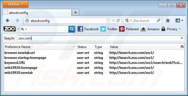 Suppression des paramètres du moteur de recherche par défaut d'isearch.zoo.com dans Mozilla Firefox 