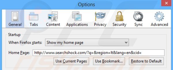 Suppression de la page d'accueil de searchshock.com dans Mozilla Firefox 
