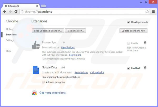 Suppression des publicités BrowserSync dans Google Chrome étape 2