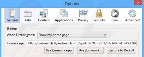 Suppression de la page d'accueil de websearch.flyandsearch.info dans Mozilla Firefox 