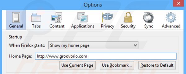 Suppression de la page d'accueil de groovorio.com dans Mozilla Firefox 