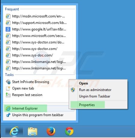 Suppression du raccourci cible d'istartsurf.com dans Internet Explorer shortcut étape 1