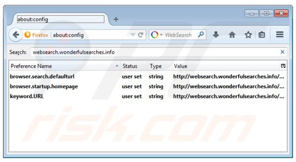 Suppression du moteur de recherche par défaut de websearch.wonderfulsearches.info dans Mozilla Firefox 