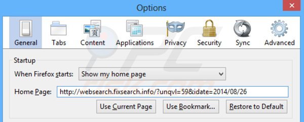 Suppression de la page d'accueil de websearch.fixsearch.info dans Mozilla Firefox 