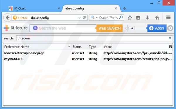Suppression de la redirection vers le moteur de recherche par défaut de dlsecure dans Mozilla Firefox 