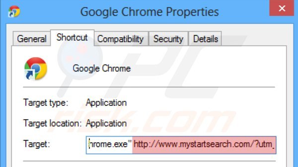 Suppression du raccourci cible de mystartsearch.com dans Google Chrome étape 2