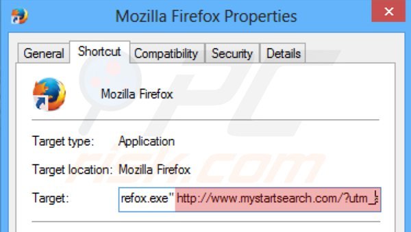 Suppression du raccourci cible de mystartsearch.com dans Mozilla Firefox étape 2