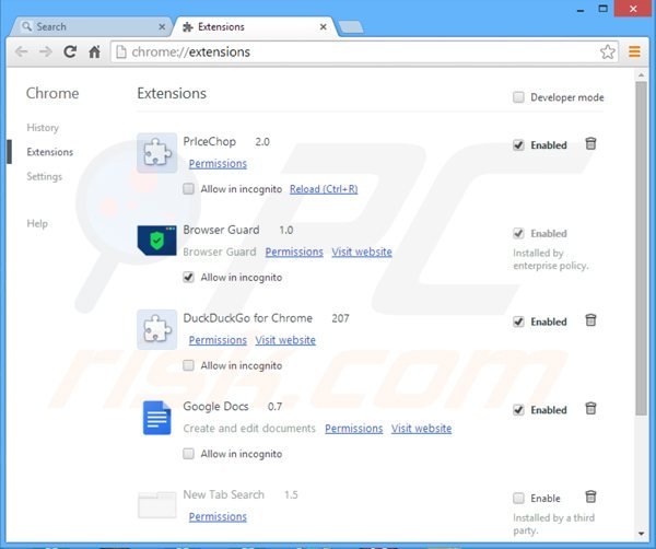 Suppression des extensions reliées à websearch.searchandfly.info dans Google Chrome 