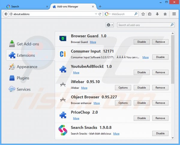 Suppression des extensions reliées à websearch.searchandfly.info dans Mozilla Firefox 