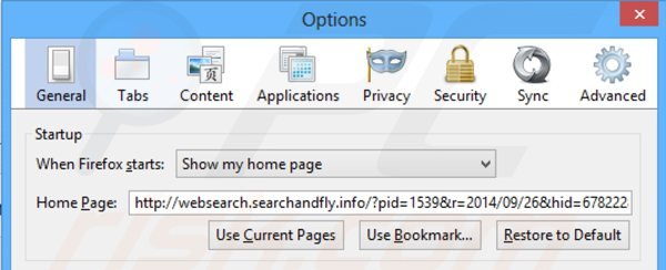 Suppression de la page d'accueil de websearch.searchandfly.info dans Mozilla Firefox 