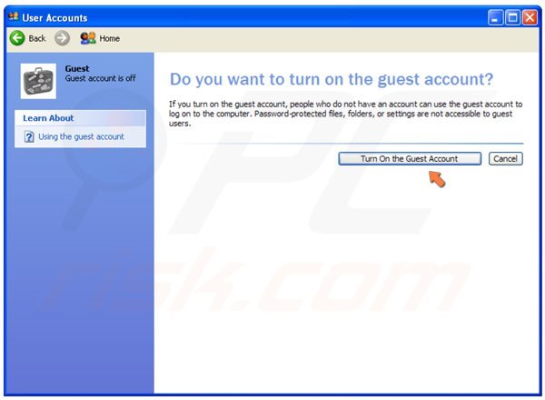 Activer un compte d'utilisateur invité dans Windows XP étape 4- cliquez