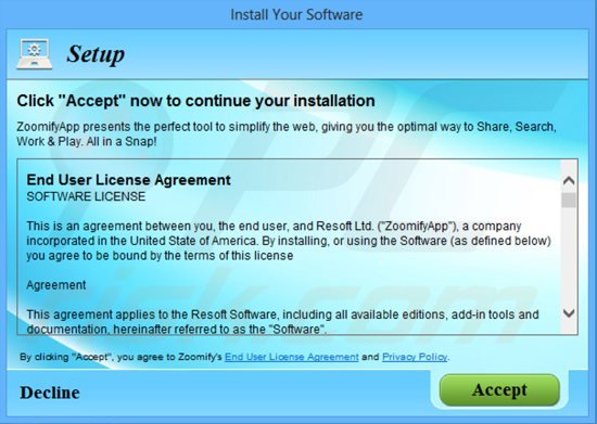 Installateur décevant de logiciel gratuit utilisé dans la distribution du logiciel de publicité ZoomifyApp