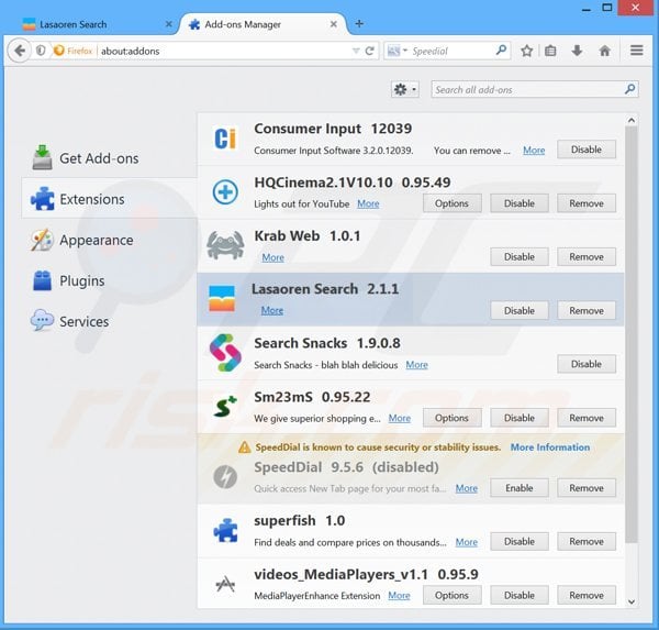 Suppression des extensions reliées à lasaoren.com dans Mozilla Firefox 