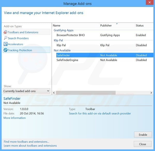 Suppression des extensions reliées à search.safefinder.com dans Internet Explorer 
