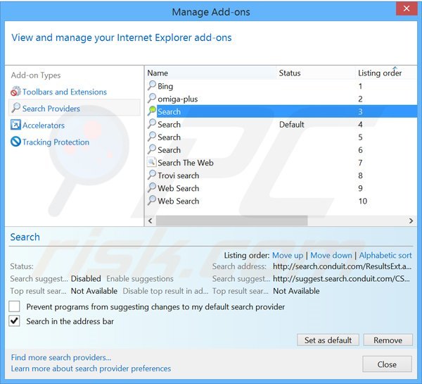 Suppression du moteur de recherche par défaut de search.conduit.com dans Internet Explorer 