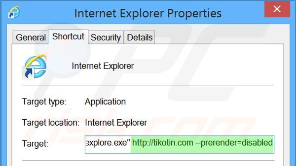 Suppression du raccourci cible tikotin.com dans Internet Explorer shortcut target étape 2