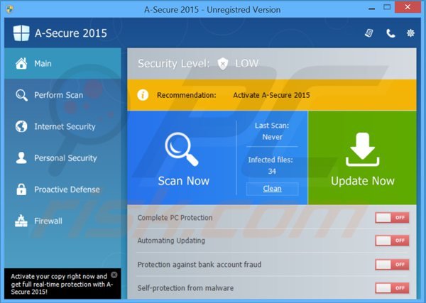 Fenêtre principale du faux antivirus a-secure 2015