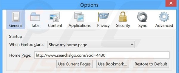 Suppression de la page d'accueil de Searchalgo.com dans Mozilla Firefox 