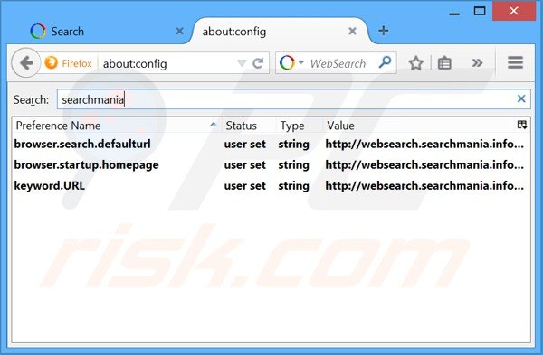 Removing websearch.searchmania.info from Mozilla Firefox default search engine