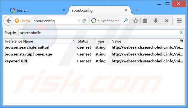 Suppression des paramètres du moteur de recherche par défaut desearchoholic dans Mozilla Firefox 