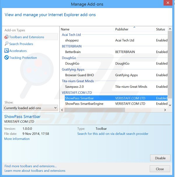 Suppression des extensions reliées à smartbar showpass dans Internet Explorer 