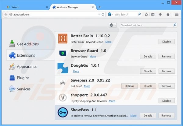Suppression des extensions reliées à smartbar showpass dans Mozilla Firefox 