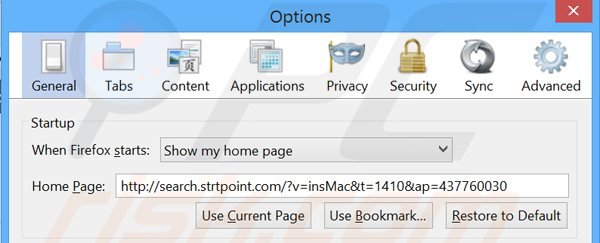Suppression de la page d'accueil de search.strtpoint.com dans Mozilla Firefox 